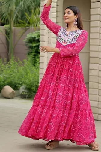 Navratri wear pink georgette bandhni printed thread embroidered mirror work gown