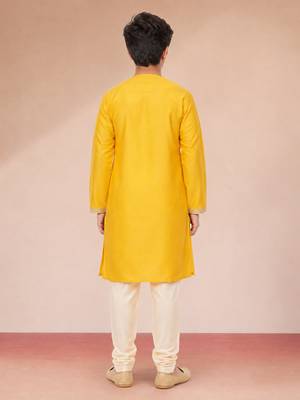 Boys yellow viscose silk zari embroidery bengali style kurta pyjama set 4