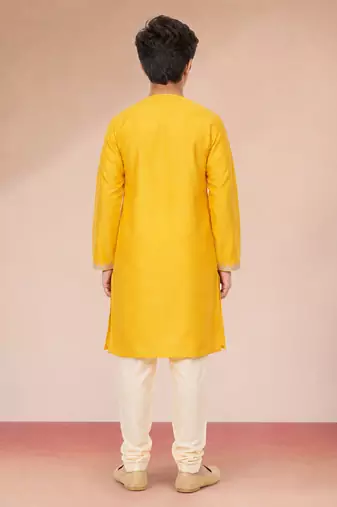 Boys yellow viscose silk zari embroidery bengali style kurta pyjama set