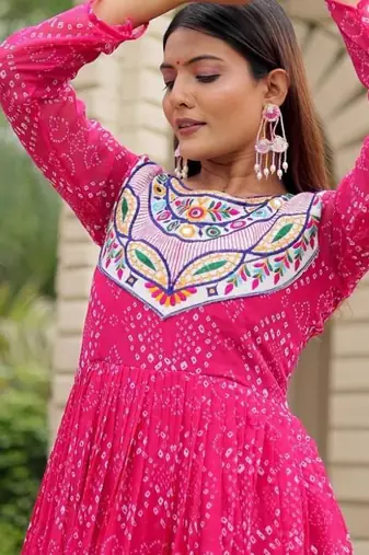 Navratri wear pink georgette bandhni printed thread embroidered mirror work gown