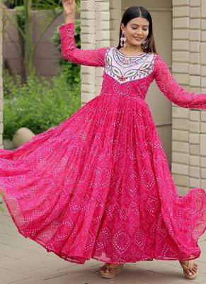 Navratri wear pink georgette bandhni printed thread embroidered mirror work gown 4