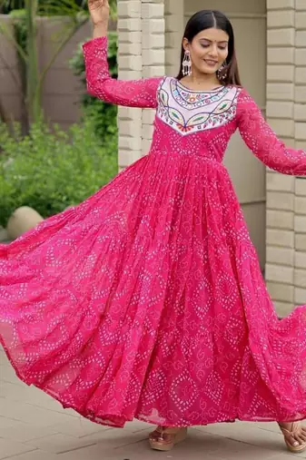 Navratri wear pink georgette bandhni printed thread embroidered mirror work gown