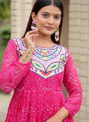 Navratri wear pink georgette bandhni printed thread embroidered mirror work gown 5