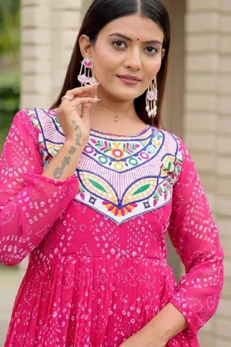 Navratri wear pink georgette bandhni printed thread embroidered mirror work gown