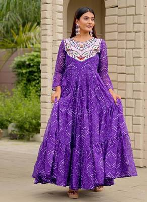 Navratri wear purple georgette bandhni printed thread embroidered mirror work gown 1