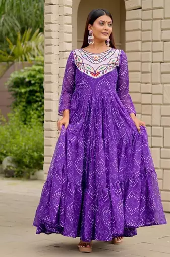Navratri wear purple georgette bandhni printed thread embroidered mirror work gown