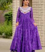 Navratri wear purple color georgette bandhni printed thread embroidered mirror work gown full stitched