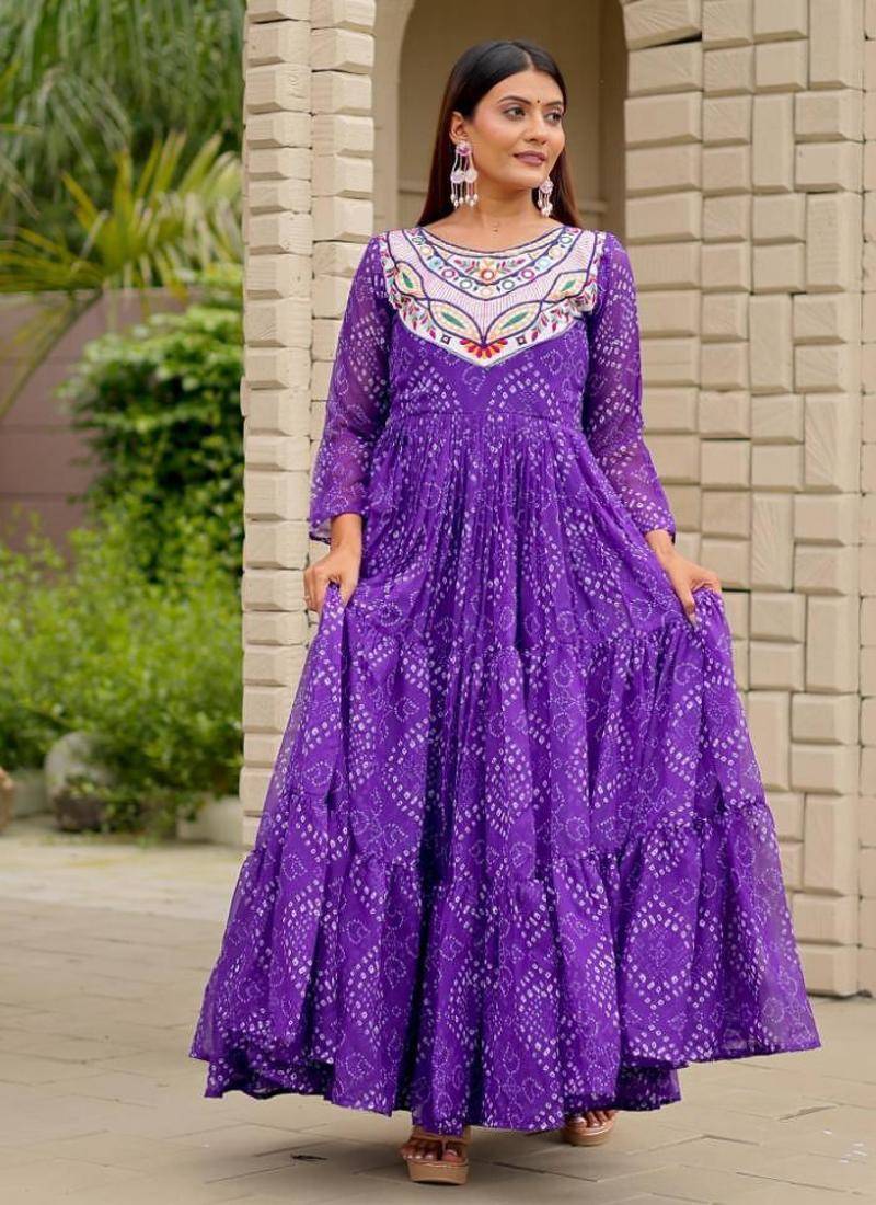 Navratri wear purple color georgette bandhni printed thread embroidered mirror work gown full stitched