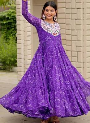 Navratri wear purple georgette bandhni printed thread embroidered mirror work gown 2