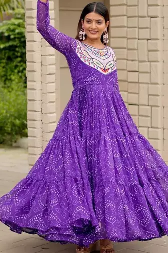 Navratri wear purple georgette bandhni printed thread embroidered mirror work gown