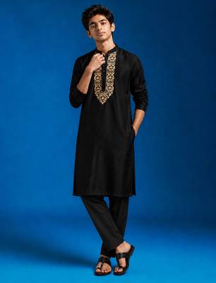 Boys black cotton hand embroidery kurta pyjama set 1
