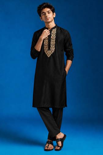 Boys black cotton hand embroidery kurta pyjama set