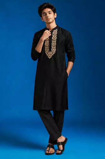 Boys black cotton hand embroidery kurta pyjama set