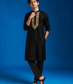 Boys black cotton hand embroidery kurta pyjama set