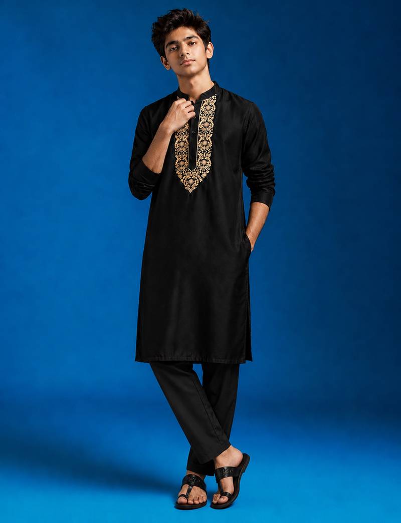 Boys black cotton hand embroidery kurta pyjama set
