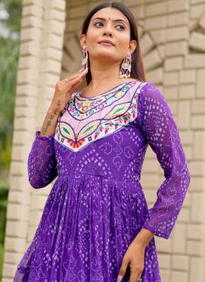 Navratri wear purple georgette bandhni printed thread embroidered mirror work gown 3