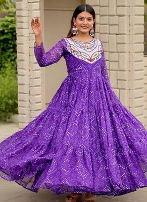 Navratri wear purple georgette bandhni printed thread embroidered mirror work gown 4