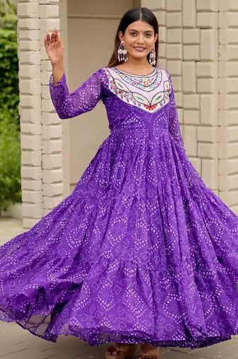 Navratri wear purple georgette bandhni printed thread embroidered mirror work gown
