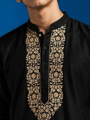 Boys black cotton hand embroidery kurta pyjama set 2