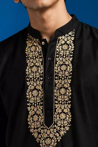 Boys black cotton hand embroidery kurta pyjama set