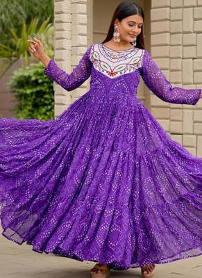 Navratri wear purple georgette bandhni printed thread embroidered mirror work gown 5