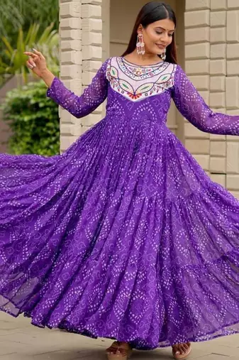Navratri wear purple georgette bandhni printed thread embroidered mirror work gown