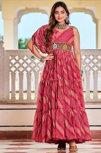 Navratri wear pink georgette bandhni printed gamathi & mirror work gown