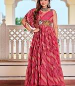 Navratri wear pink color georgette bandhni printed gamathi & mirror work gown full stitched