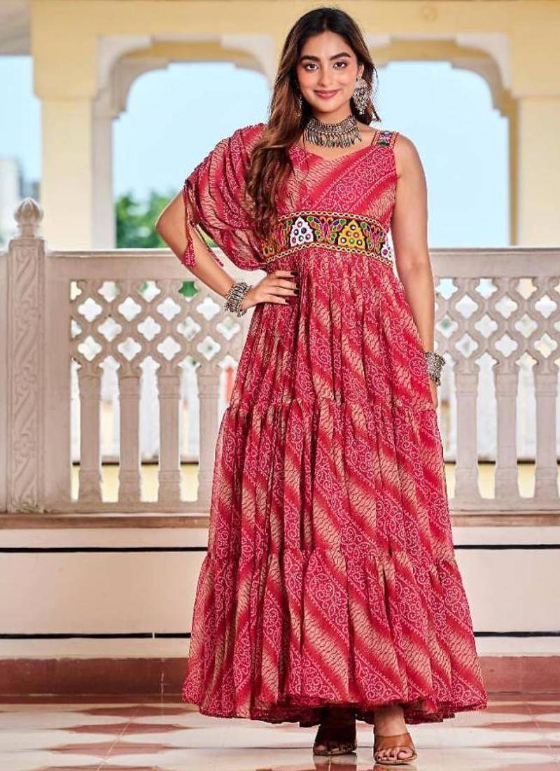 Navratri wear pink color georgette bandhni printed gamathi & mirror work gown full stitched