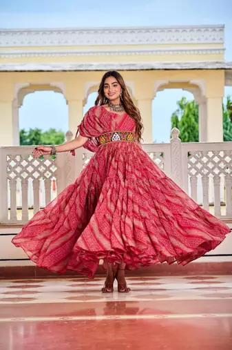 Navratri wear pink georgette bandhni printed gamathi & mirror work gown