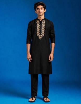 Boys black cotton hand embroidery kurta pyjama set 3
