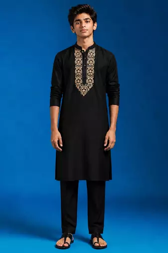 Boys black cotton hand embroidery kurta pyjama set