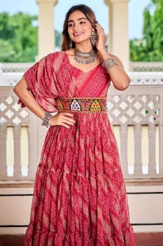 Navratri wear pink georgette bandhni printed gamathi & mirror work gown