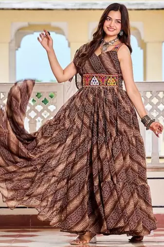 Navratri wear mul georgette bandhni printed gamathi & mirror work gown