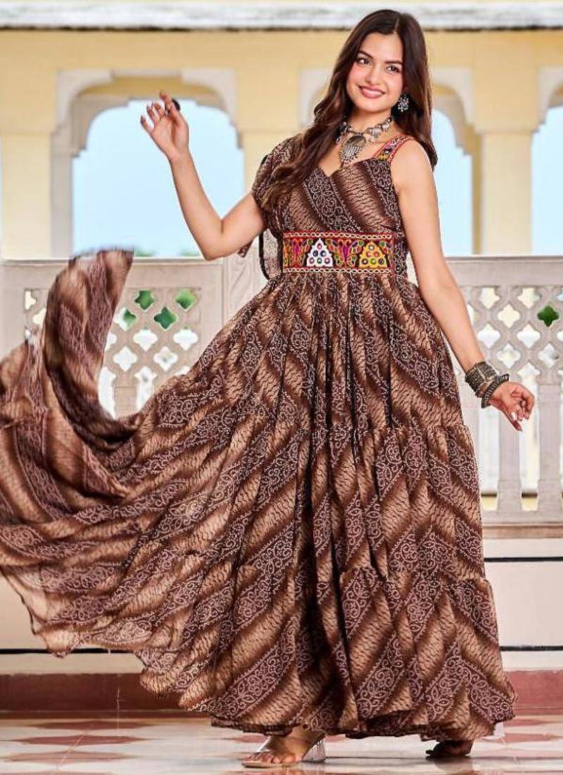 Navratri wear mul color georgette bandhni printed gamathi & mirror work gown full stitched