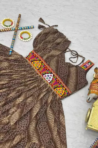 Navratri wear mul georgette bandhni printed gamathi & mirror work gown