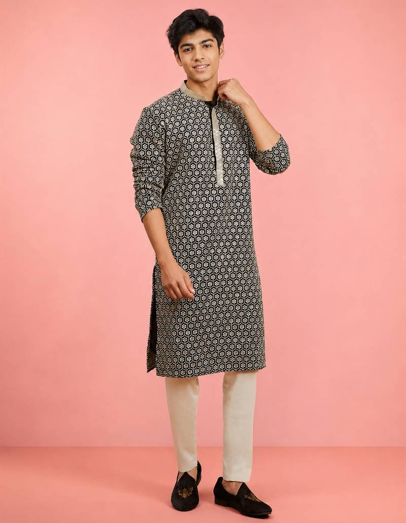 Boys black rayon sequin embroidery kurta pyjama set