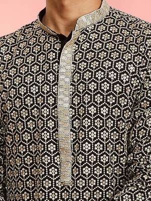 Boys black rayon sequin embroidery kurta pyjama set 2