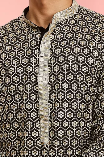 Boys black rayon sequin embroidery kurta pyjama set