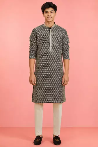 Boys black rayon sequin embroidery kurta pyjama set