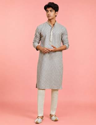 Boys grey rayon sequin embroidery kurta pyjama set 1