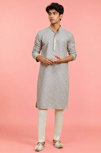 Boys grey rayon sequin embroidery kurta pyjama set