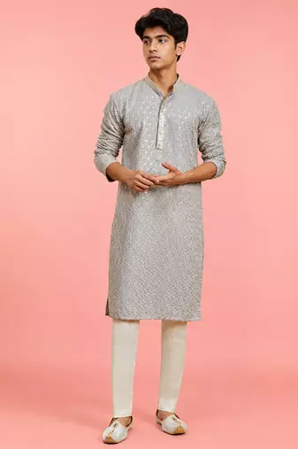Boys grey rayon sequin embroidery kurta pyjama set
