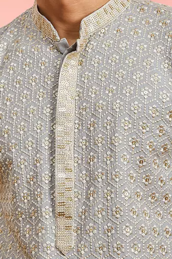 Boys grey rayon sequin embroidery kurta pyjama set