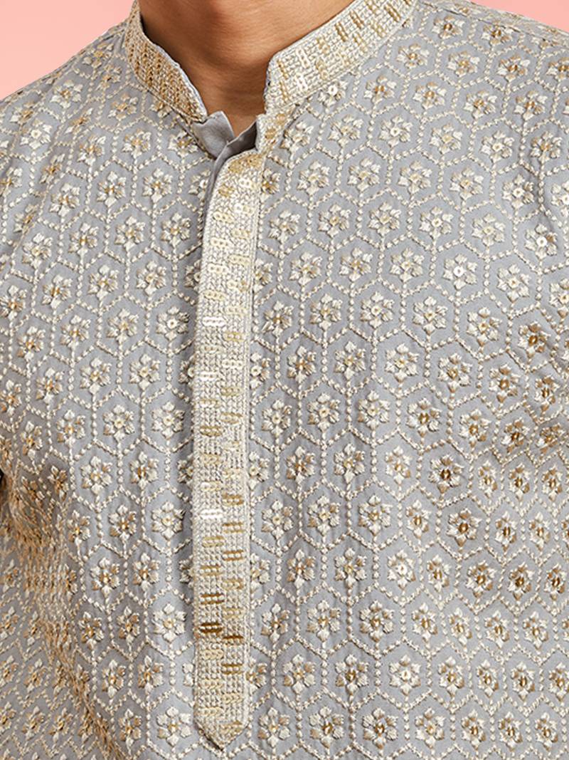 Boys grey rayon sequin embroidery kurta pyjama set