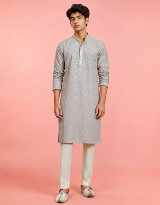 Boys grey rayon sequin embroidery kurta pyjama set 3