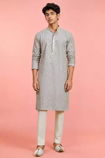 Boys grey rayon sequin embroidery kurta pyjama set