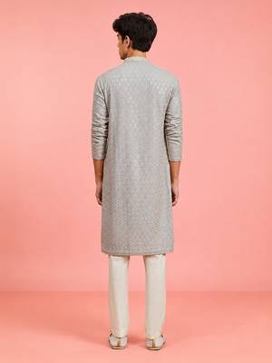 Boys grey rayon sequin embroidery kurta pyjama set 4