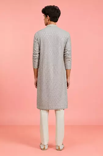 Boys grey rayon sequin embroidery kurta pyjama set
