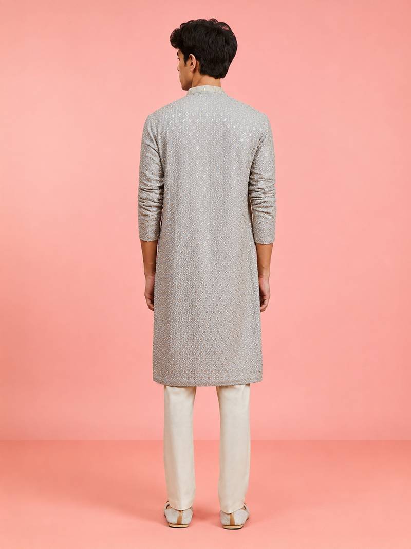 Boys grey rayon sequin embroidery kurta pyjama set